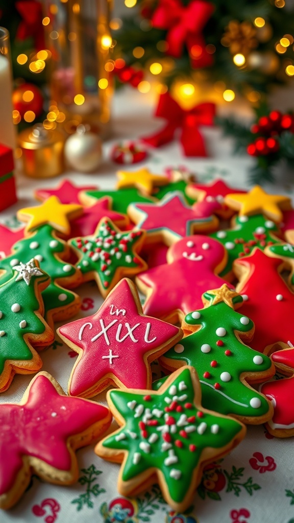 Colorful Christmas cookies shaped like stars and trees, decorated with icing and sprinkles on a festive table.